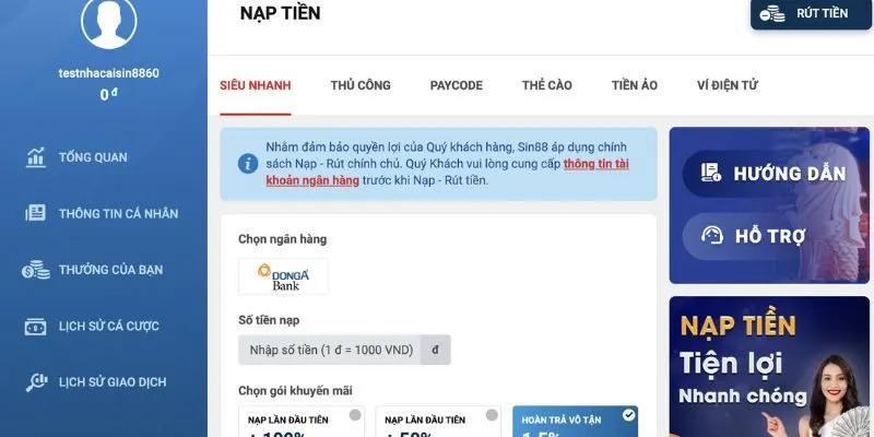 Hướng dẫn nạp tiền siêu nhanh tại Sin88